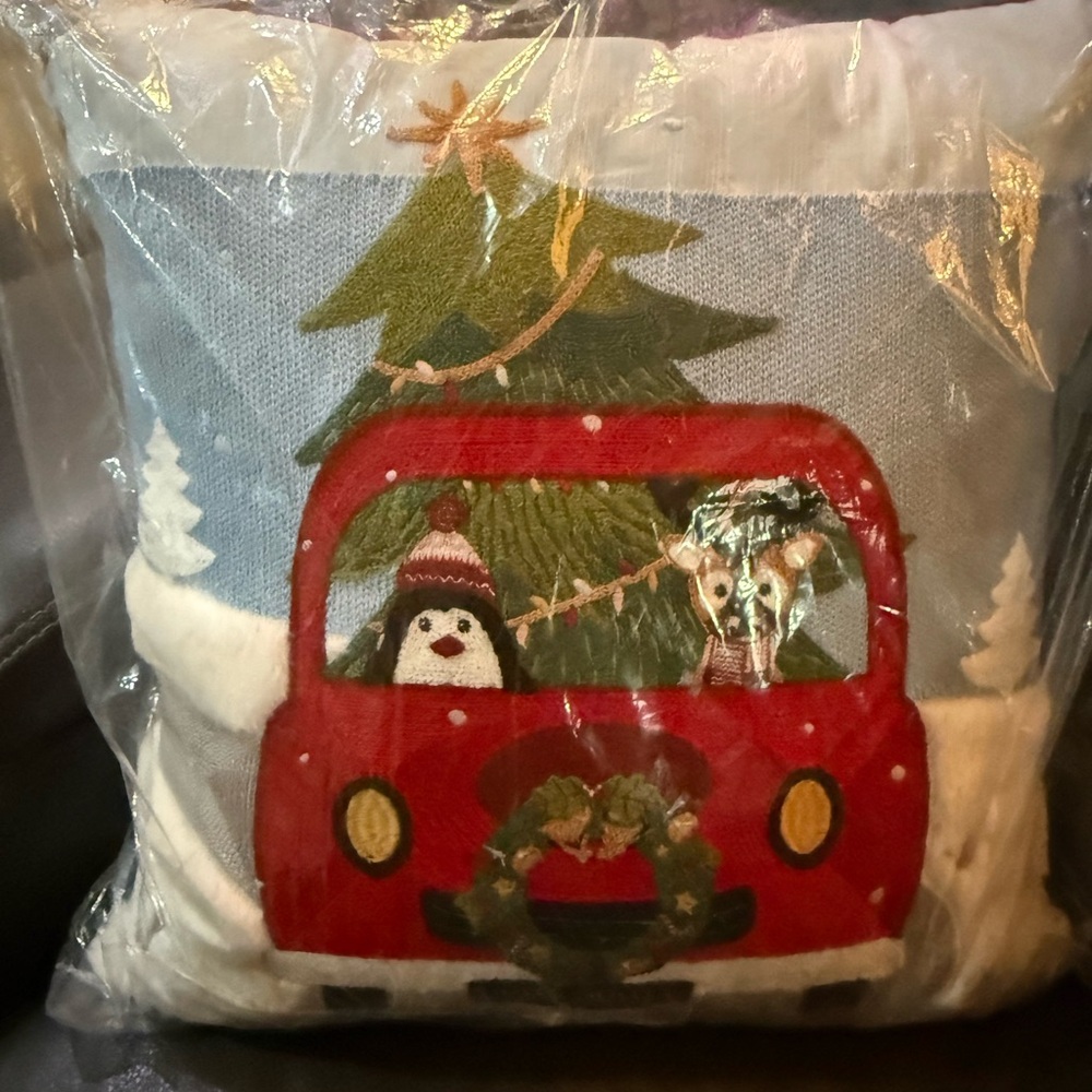 Festive Red Holiday Truck Pillow with Tree and Characters